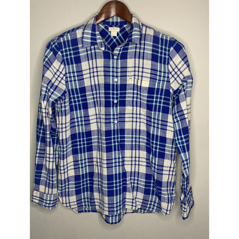 J.Crew Plaid Button Down Shirt Womens S Blue White Cotton Casual Preppy Timeless